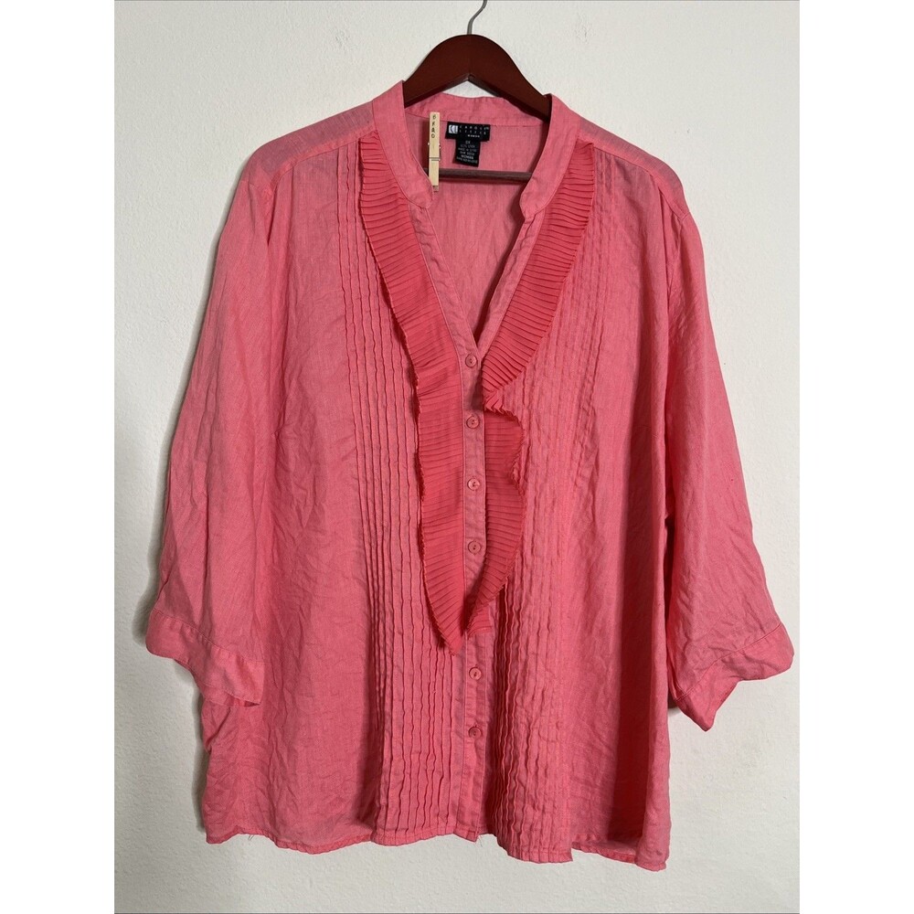 Carole Little Women's 100% Linen Button Up 3/4 Sleeve Ruffle Shirt Blouse Top